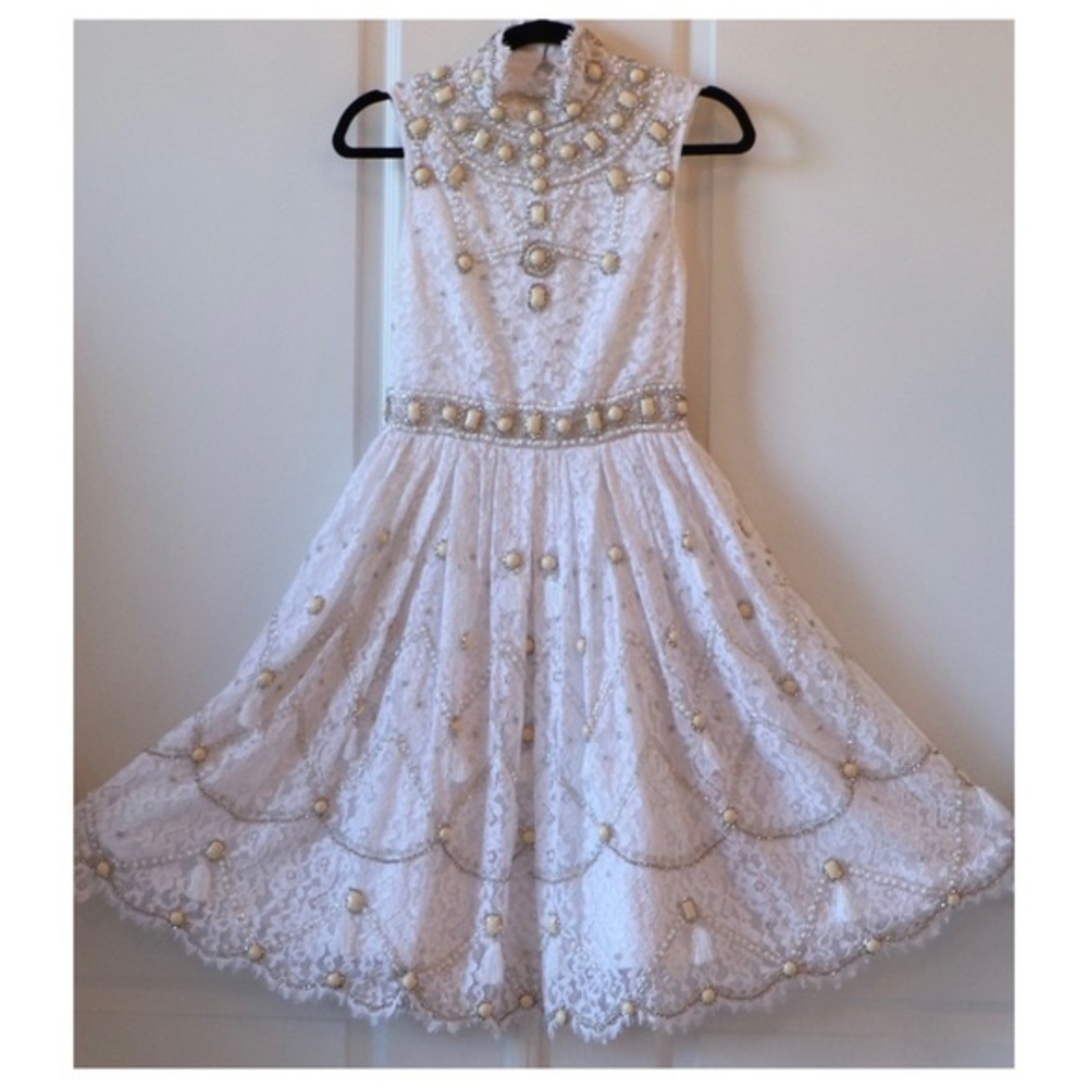 Alice + Olivia White Lace Mini Dress with Gold Beaded Embellishment